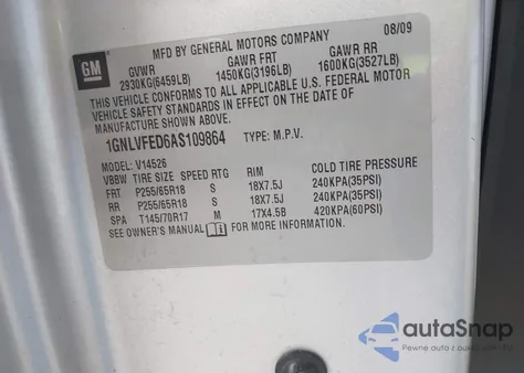 2010 Chevrolet Traverse Lt z USA, uszkodzony, nr VIN 1GNLVFED6AS109864